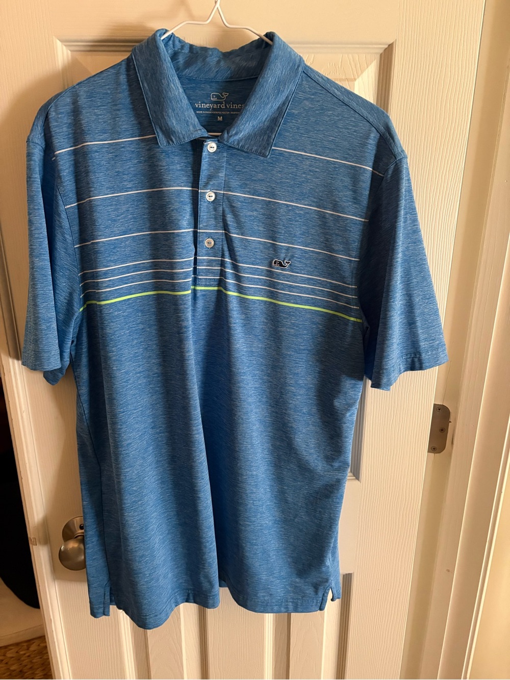 Vineyard Vines Heathered Blue Polo with Subtle Stripe and Lime Accents